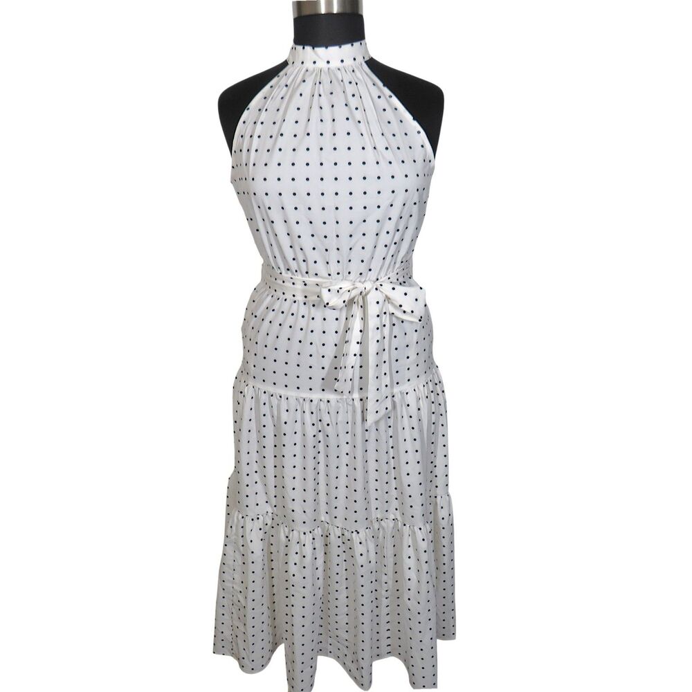 Halara White Black Polka Dot Tiered Flowy Halter Midi Dress Size Large - Picture 1 of 8